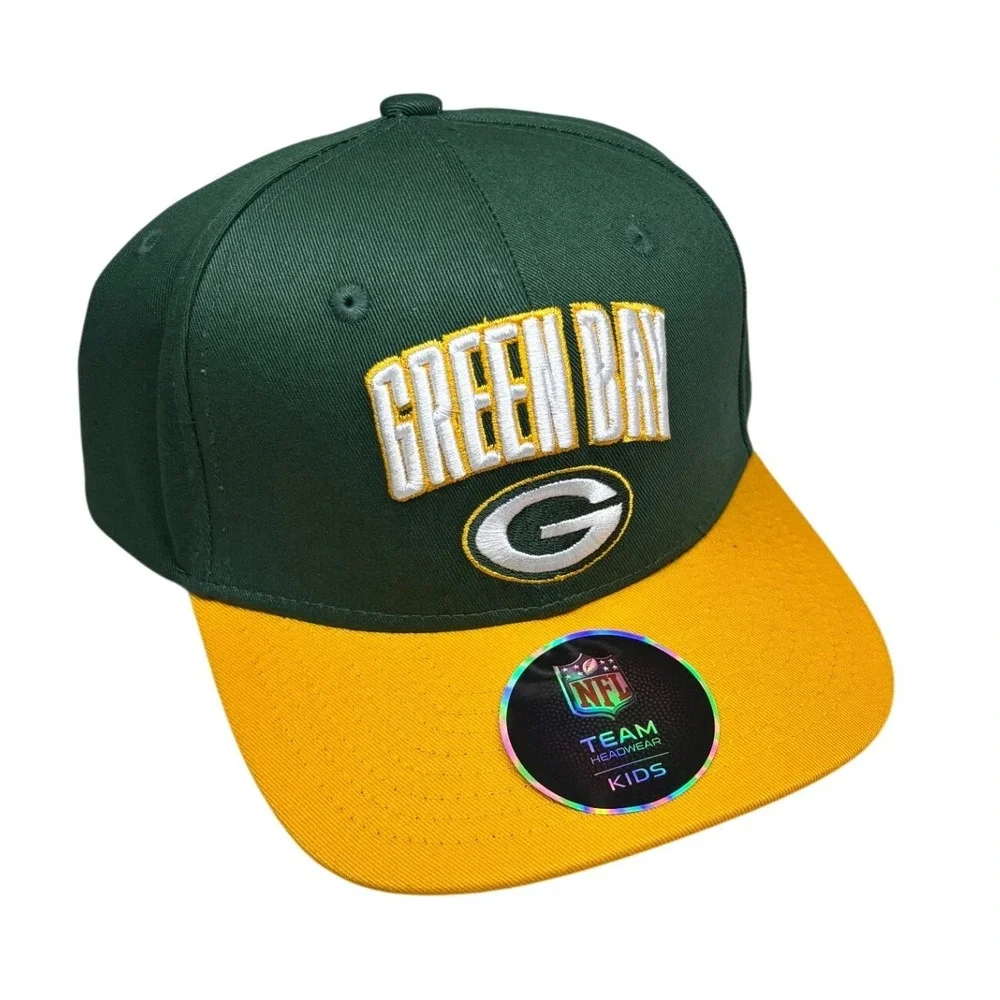 NFL Green Bay Packers Snapback Hat Youth One Size Green Gold Flat Brim NWT